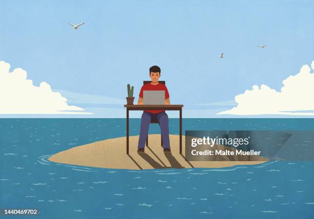 man working at laptop on remote ocean island - einsame insel stock-grafiken, -clipart, -cartoons und -symbole