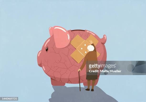 senior woman placing bandage over cracked piggy bank - struggle 幅插畫檔、美工圖案、卡通及圖標