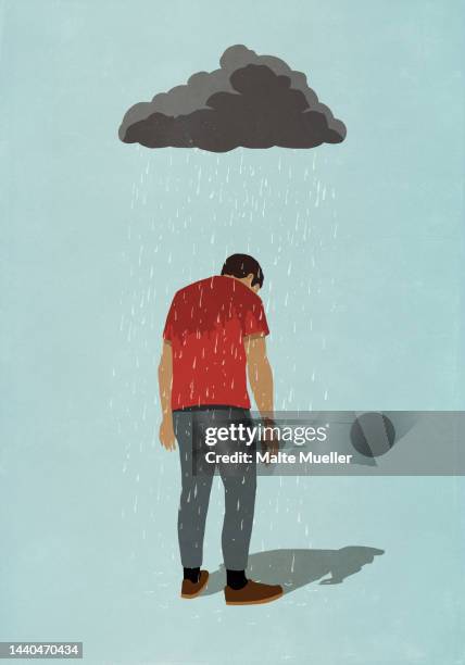 rain cloud over depressed man - emotional stress stock illustrations