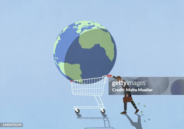 businessman investor pushing large globe in shopping cart - global business stock illustrations