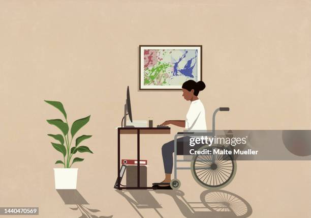 woman in wheelchair working at computer in home office - house side view illustration stock illustrations