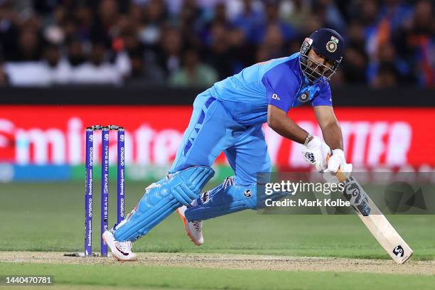 Rishabh Pant of India bats during the ICC Men's T20 World Cup Semi Final match between India and England at Adelaide Oval on November 10, 2022 in...