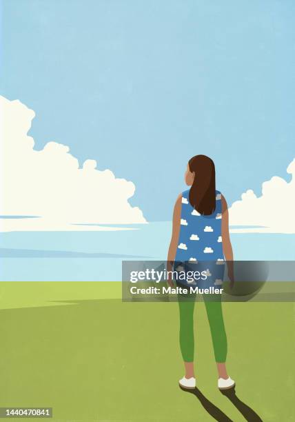 woman in cloud tank top looking at sunny seascape - tank top stock illustrations