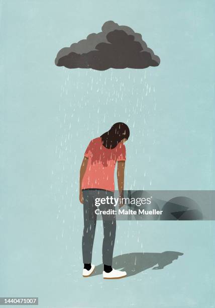 rain cloud over depressed woman - bemühung stock-grafiken, -clipart, -cartoons und -symbole