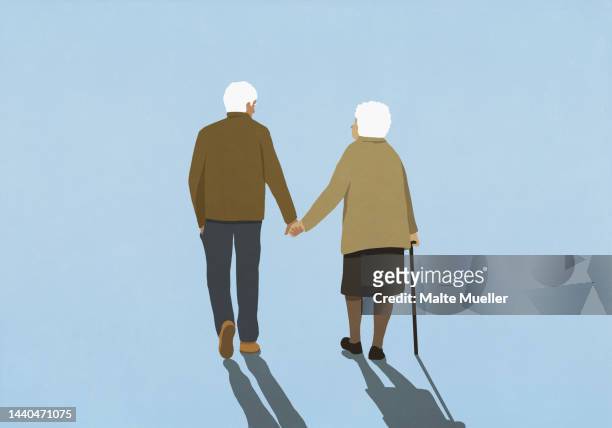 stockillustraties, clipart, cartoons en iconen met affectionate senior couple walking on blue background - the ageing process