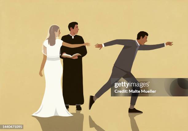 priest and bride watching groom running away - bemühung stock-grafiken, -clipart, -cartoons und -symbole