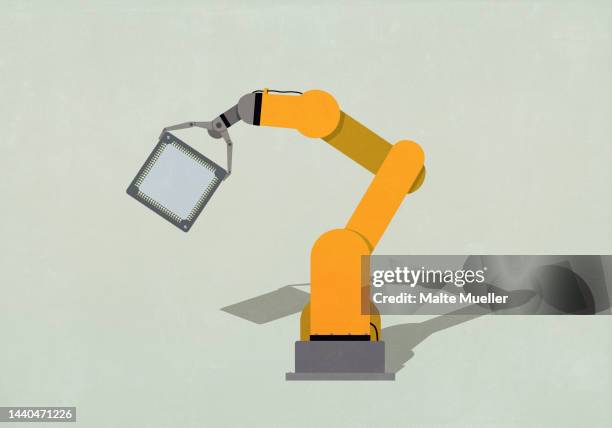 robotic arm holding, manufacturing semiconductor on green background - bot stock illustrations