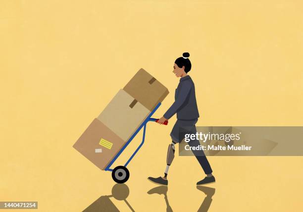 ilustraciones, imágenes clip art, dibujos animados e iconos de stock de woman with prosthetic leg pushing cardboard boxes on dolly - physical disability