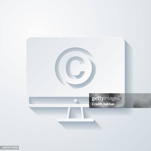 desktop computer with copyright symbol. icon with paper cut effect on blank background - 3d c stock illustrations