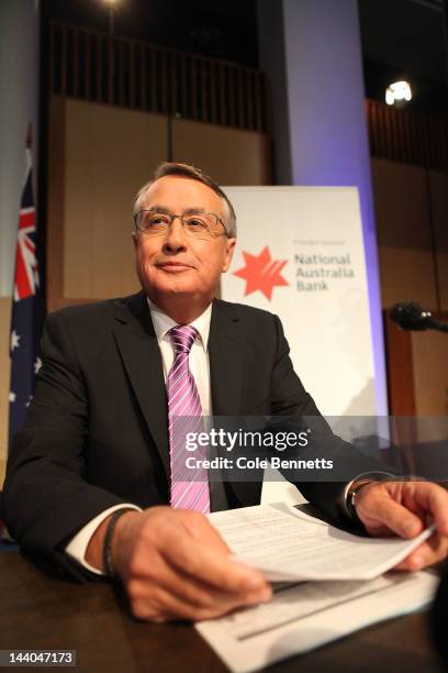 Wayne Swan prepares to give his speech at the post budget address at the National Press Club on May 9, 2012 in Canberra, Australia. The budget handed...