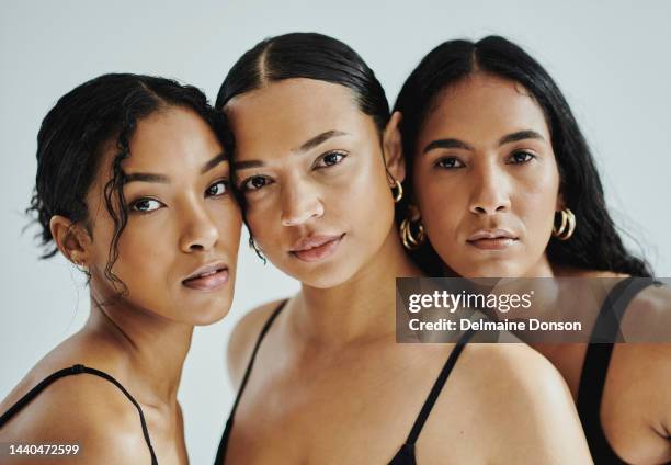 beauty, diversity and skincare by women in studio for wellness, grooming and natural makeup together. face, portrait and girl model friends group for skin, texture and different cosmetics - natural beauty stock pictures, royalty-free photos & images