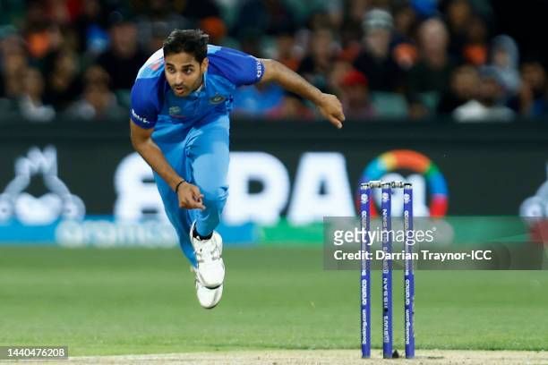 Bhuvneshwar Kumar of India bowls during the ICC Men's T20 World Cup Semi Final match between India and England at Adelaide Oval on November 10, 2022...