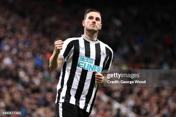 Chris Wood of Newcastle United celebrates scoring their penalty in the penalty shoot out during the Carabao Cup Third Round match between Newcastle...