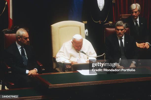 Visit of Pope John Paul II to Italian Parliament gathered in common session at Palazzo Montecitorio. The Holy Father was welcomed by the highest...
