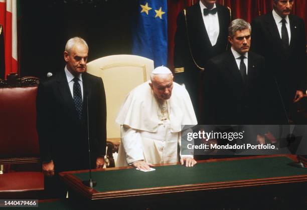 Visit of Pope John Paul II to Italian Parliament gathered in common session at Palazzo Montecitorio. The Holy Father was welcomed by the highest...