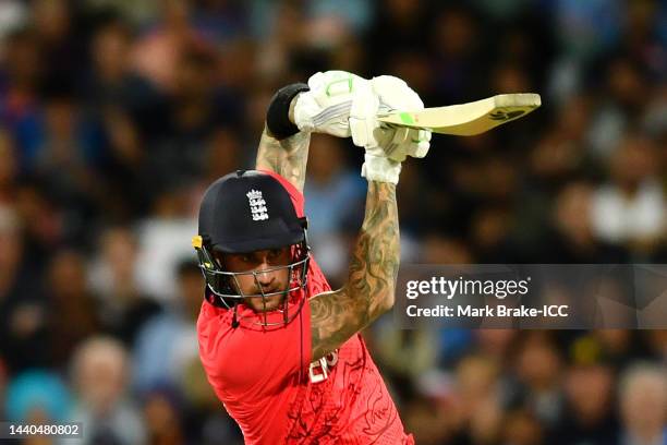 Alex Hales of England bats during the ICC Men's T20 World Cup Semi Final match between India and England at Adelaide Oval on November 10, 2022 in...