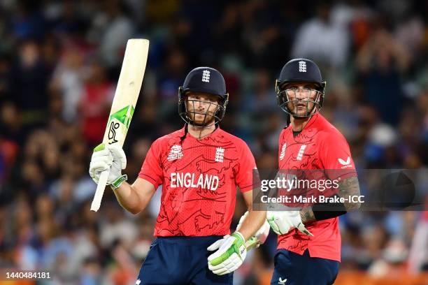 Jos Buttler of England celebrates after reaching their half century during the ICC Men's T20 World Cup Semi Final match between India and England at...