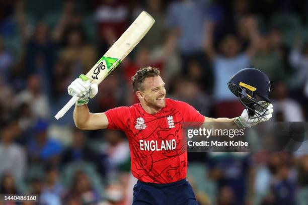 Jos Buttler of England celebrates victory during the ICC Men's T20 World Cup Semi Final match between India and England at Adelaide Oval on November...