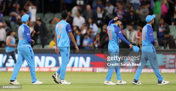 Indian players walk off after the loss, Suryakumar Yadav, Arshdeep Singh, Virat Kohli and Axar Patel during the ICC Men's T20 World Cup Semi Final...