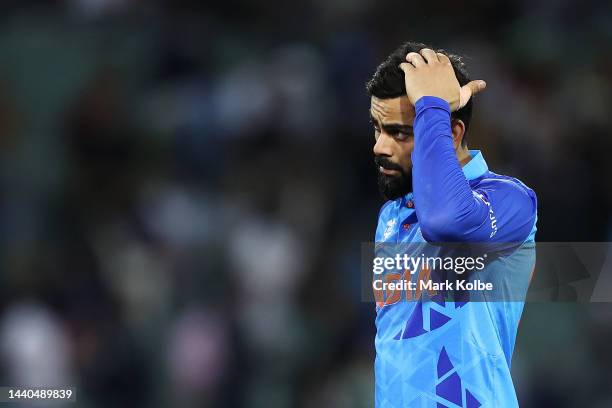 Virat Kohli of India looks dejected after defeat during the ICC Men's T20 World Cup Semi Final match between India and England at Adelaide Oval on...