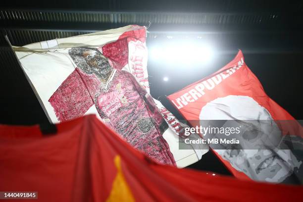 Mo Sarah flag in the kop during the Carabao Cup Third Round match between Liverpool and Derby County at Anfield on November 9, 2022 in Liverpool,...