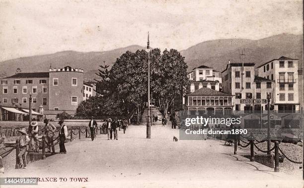 pier and entrance to funchal, madeira, 1890s, 19th century, vintage photograph - madeira stock illustrations
