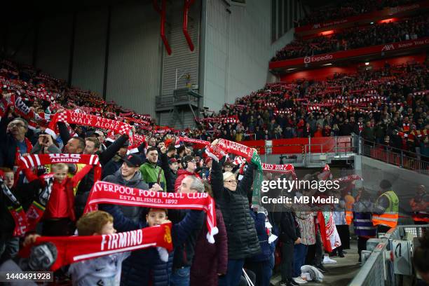 Liverpool fans during the Carabao Cup Third Round match between Liverpool and Derby County at Anfield on November 9, 2022 in Liverpool, England.