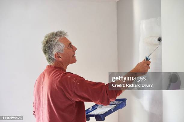 a senior man decorating his bedroom - paint tray fotografías e imágenes de stock