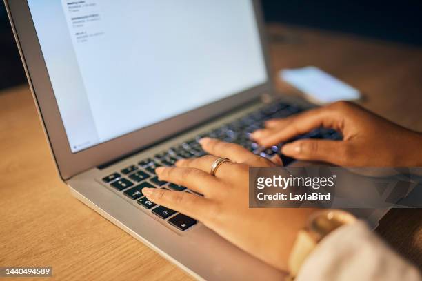 night business, laptop and woman typing online for email, writer blog or article with hands and technology on table. female freelance entrepreneur writing on website for work, communication and study - article of furniture stock pictures, royalty-free photos & images
