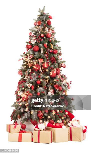 decorated christmas tree on white isolated - christmas lights isolated stock-fotos und bilder