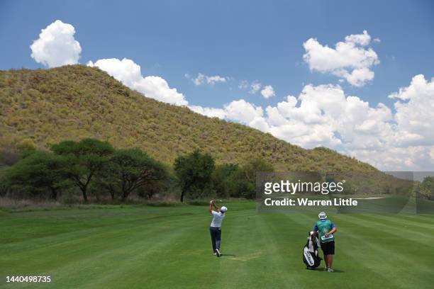 Edoardo Molinari of Italy plays his second shot on the 15th hole during Day One of the Nedbank Golf Challenge at Gary Player CC on November 10, 2022...