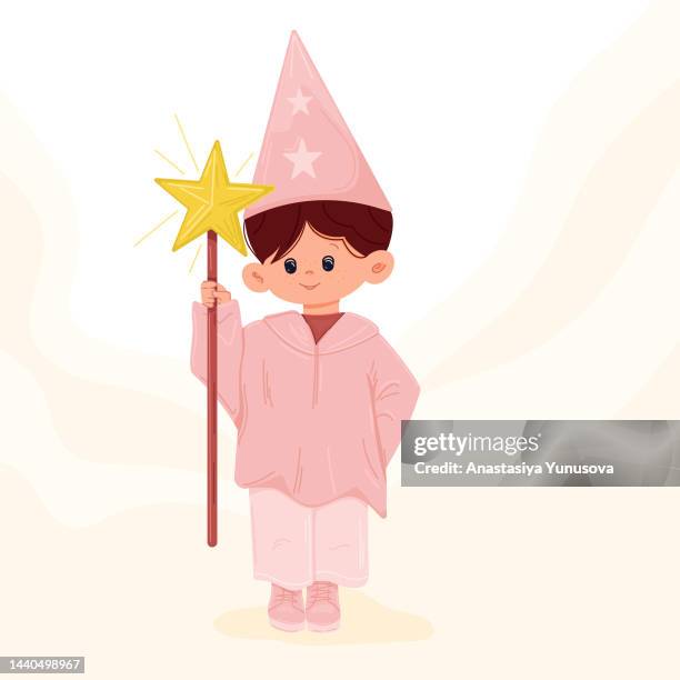 cute little boy dressed for saint lucy night holding shining star - st lucia day stock illustrations