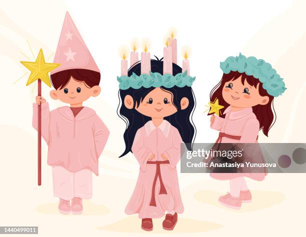 saint lucy celebration. traditional kid procession - advent candle stock illustrations