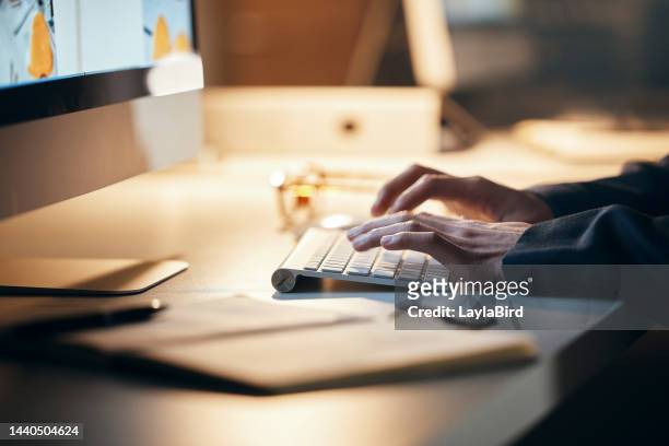 night, keyboard and business hands typing at desk for marketing research, social media or website copywriting at global company. desktop, internet and productivity online worker planning web design - google facebook stock pictures, royalty-free photos & images