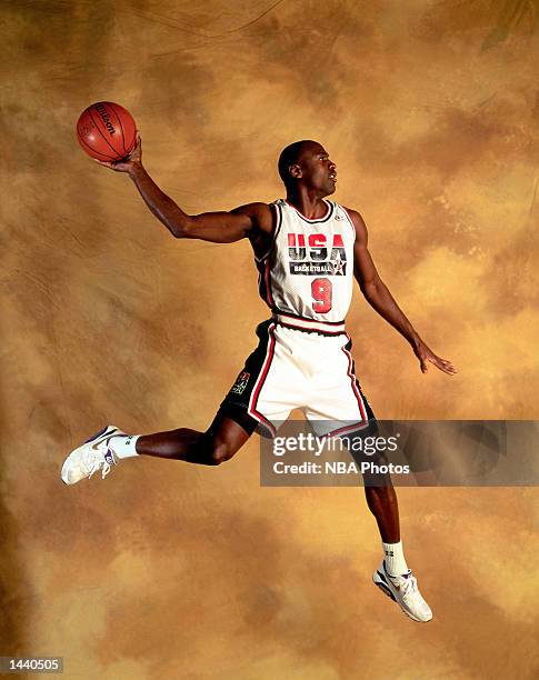 Michael Jordan of the USA Olympic Team poses for a mock action portrait during a photo shoot in Barcelona, Spain. NOTE TO USER: User expressly...