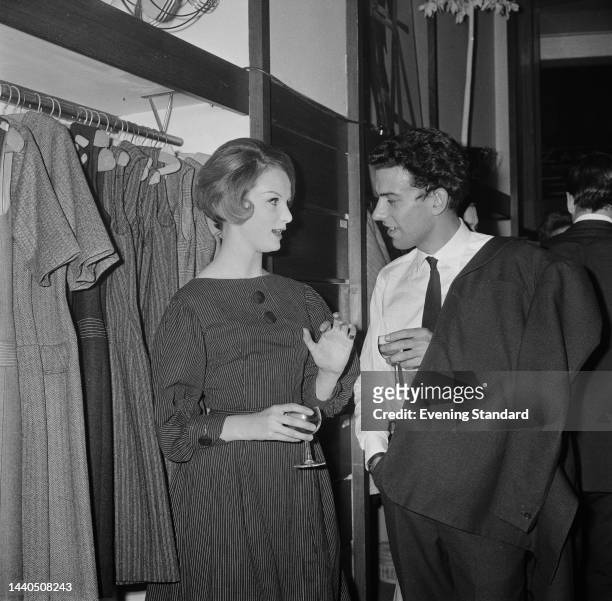 Welsh model Grace Coddington talking to newspaper editor Mark Boxer at a party at Mary Quant's boutique 'Bazaar' in Knightsbridge, London, on...