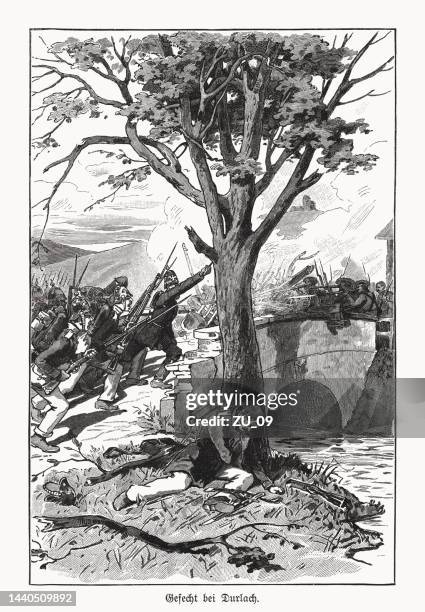 battle of durlach on june 25, 1849, woodcut, published 1893 - karlsruhe stock illustrations