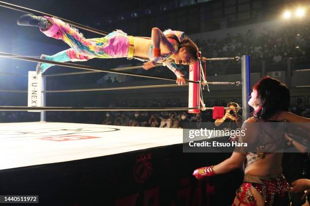 Mayu Iwatani attacks Utami Hayashishita during the Women's Pro-Wrestling "Stardom" at Arena Tachikawa Tachihi on October 23, 2022 in Tachikawa,...