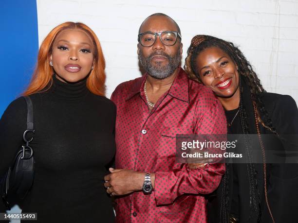 Amiyah Scott, Lee Daniels and Tasha Smith pose at the first preview of the new play "Ain't No Mo'" on Broadway at The Belasco Theatre on November 09,...