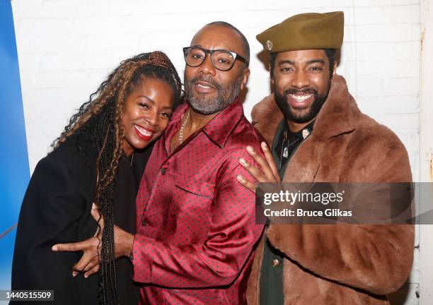 Tasha Smith, Lee Daniels and Saint Aubyn pose at the first preview of the new play "Ain't No Mo'" on Broadway at The Belasco Theatre on November 09,...