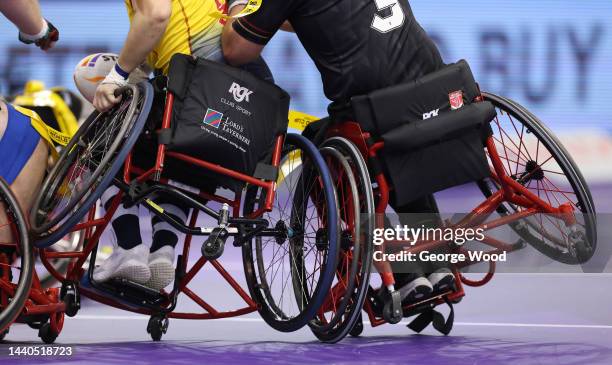 Detailed view of wheelchairs during the Wheelchair Rugby League World Cup Group B match between Wales and Scotland at English Institute of Sport on...