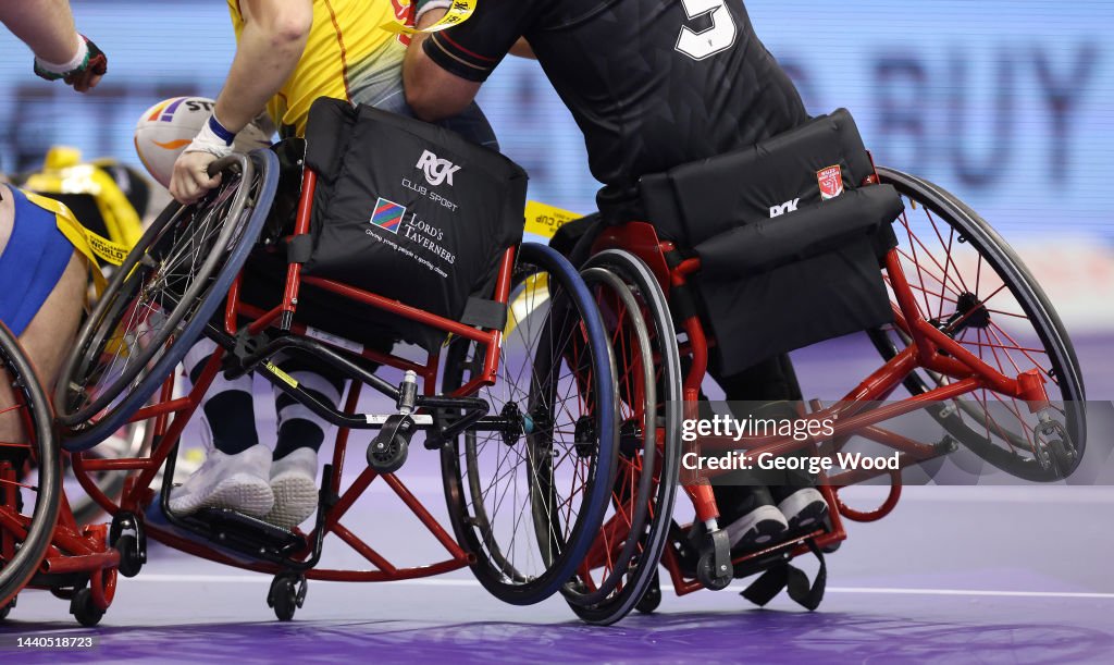 Wheelchair Types Rugby Detailed view of wheelchairs during the Wheelchair Rugby League World ...