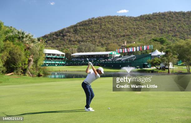 Tommy Fleetwood of England plays his second shot on the 18th hole during Day One of the Nedbank Golf Challenge at Gary Player CC on November 10, 2022...