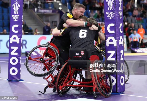 Martin Lane of Wales celebrates their sides try during the Wheelchair Rugby League World Cup Group B match between Wales and Scotland at English...