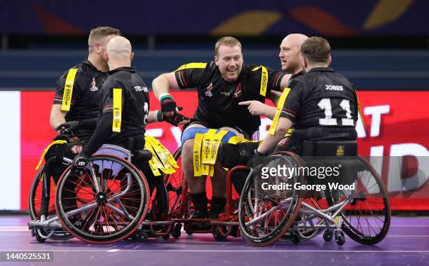 Andrew Higgins of Wales celebrates their sides try during the Wheelchair Rugby League World Cup Group B match between Wales and Scotland at English...