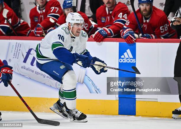 Tanner Pearson of the Vancouver Canucks skates against the Montreal Canadiens during the first period at Centre Bell on November 9, 2022 in Montreal,...