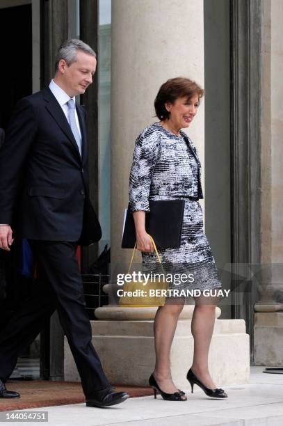 France's Solidarities Minister Roselyne Bachelot-Narquin and France's Agriculture Minister Bruno Le Maire leave the Elysee presidential palace, on...