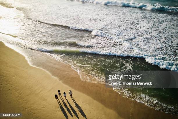 wide aerial shot of family walking on tropical beach at sunrise - luxury family stockfoto's en -beelden