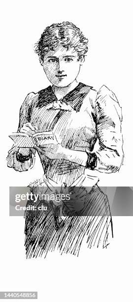 young woman writing in her diary while standing, front view, white background - professional facing camera stock illustrations