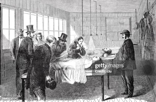 bildbanksillustrationer, clip art samt tecknat material och ikoner med new york city, the morgue, people looking at a corpse, 1866 - morgue woman